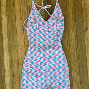 Frankie’s Bikinis Blue Pink Wave terry Halter dress